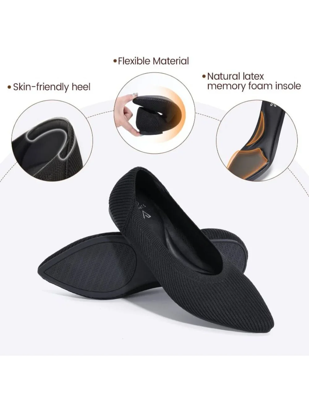 Women's Black Pointed Toe Comfort Foldable Slip On Dressy Knit Ballet Flat Shoes